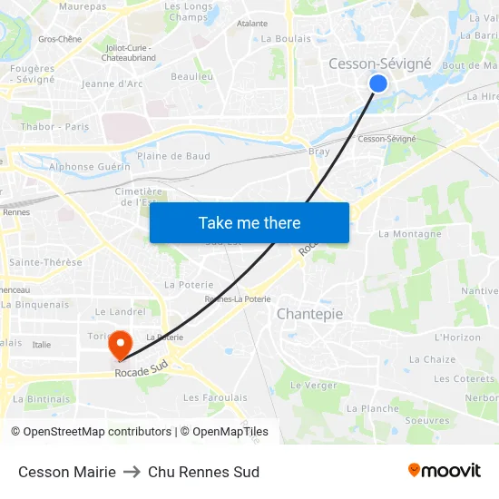 Cesson Mairie to Chu Rennes Sud map