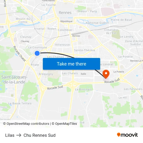 Lilas to Chu Rennes Sud map