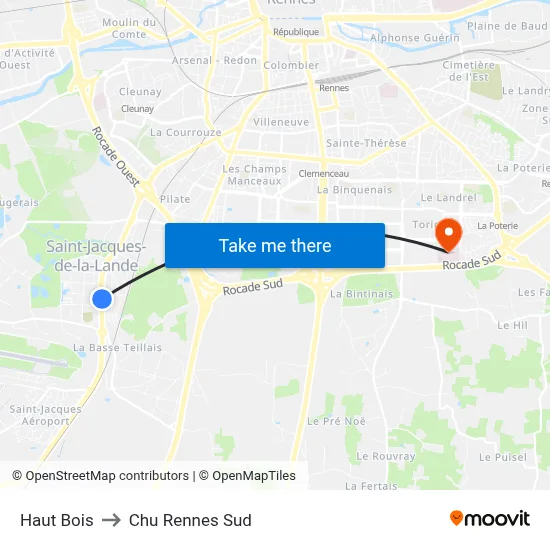 Haut Bois to Chu Rennes Sud map