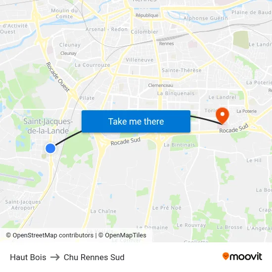 Haut Bois to Chu Rennes Sud map