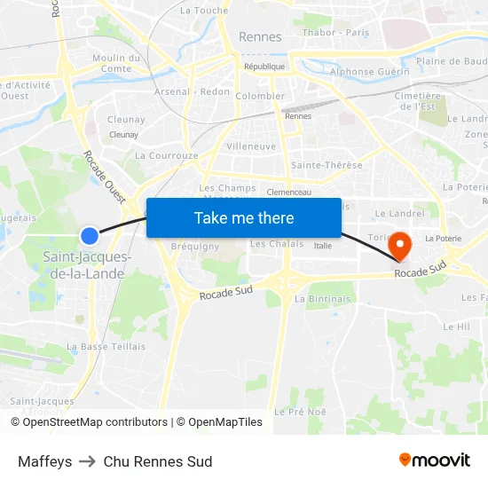 Maffeys to Chu Rennes Sud map