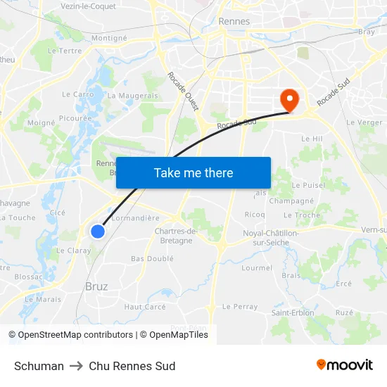 Schuman to Chu Rennes Sud map