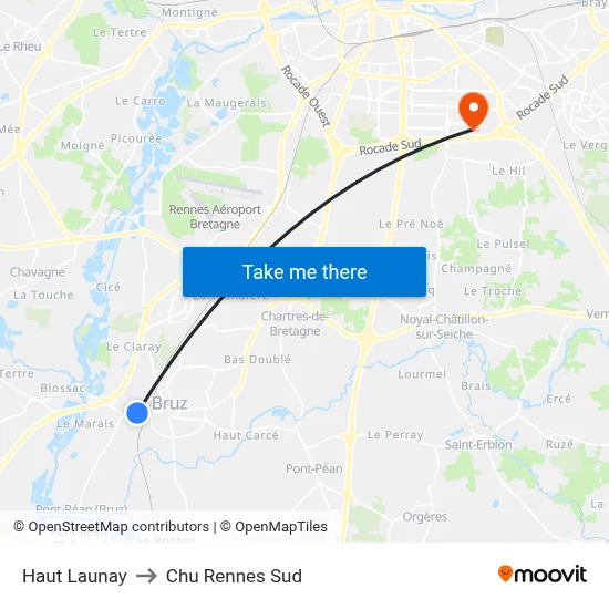 Haut Launay to Chu Rennes Sud map