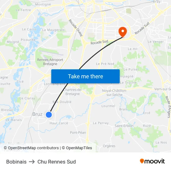 Bobinais to Chu Rennes Sud map