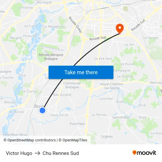Victor Hugo to Chu Rennes Sud map