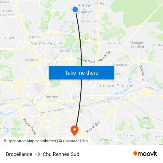 Brocéliande to Chu Rennes Sud map