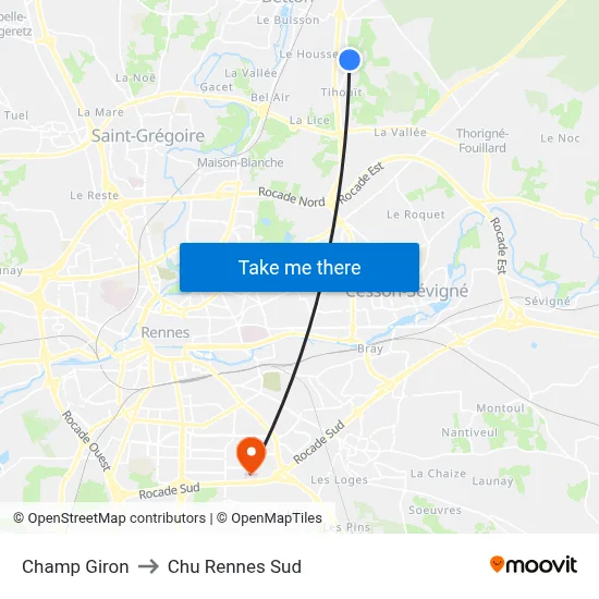 Champ Giron to Chu Rennes Sud map