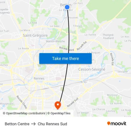 Betton Centre to Chu Rennes Sud map