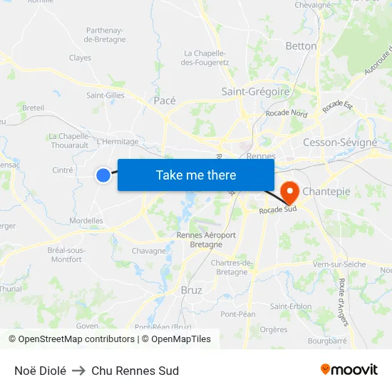Noë Diolé to Chu Rennes Sud map