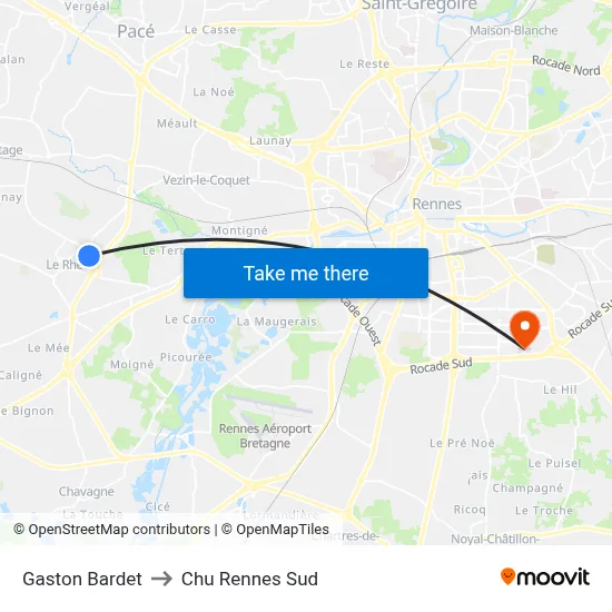 Gaston Bardet to Chu Rennes Sud map
