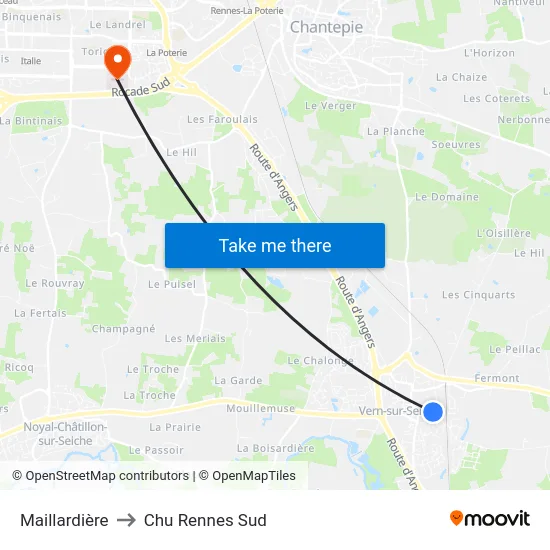 Maillardière to Chu Rennes Sud map