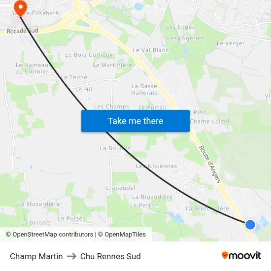 Champ Martin to Chu Rennes Sud map