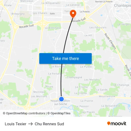 Louis Texier to Chu Rennes Sud map