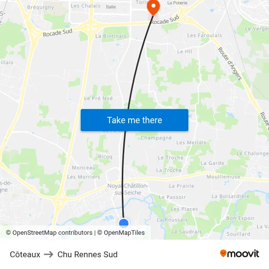 Côteaux to Chu Rennes Sud map