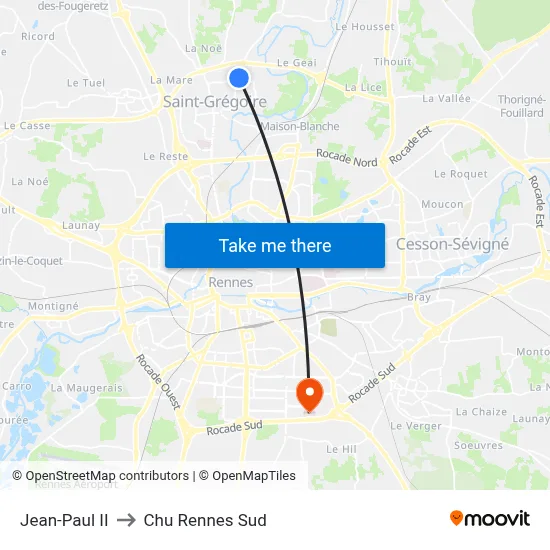 Jean-Paul II to Chu Rennes Sud map