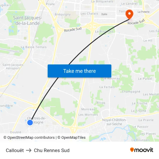 Callouët to Chu Rennes Sud map