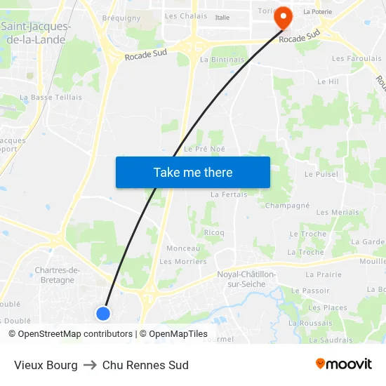 Vieux Bourg to Chu Rennes Sud map
