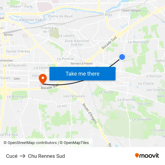 Cucé to Chu Rennes Sud map