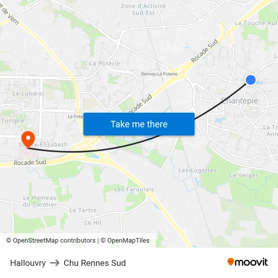 Hallouvry to Chu Rennes Sud map
