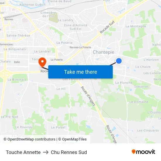 Touche Annette to Chu Rennes Sud map