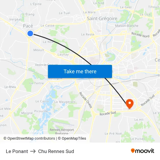 Le Ponant to Chu Rennes Sud map