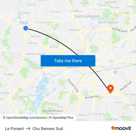 Le Ponant to Chu Rennes Sud map
