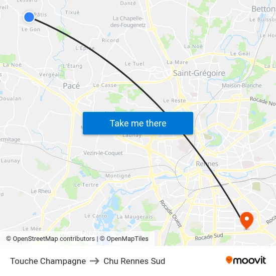 Touche Champagne to Chu Rennes Sud map