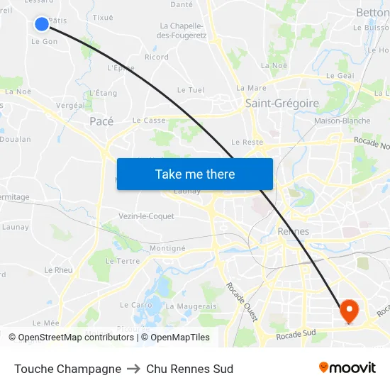 Touche Champagne to Chu Rennes Sud map