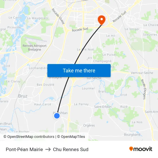Pont-Péan Mairie to Chu Rennes Sud map