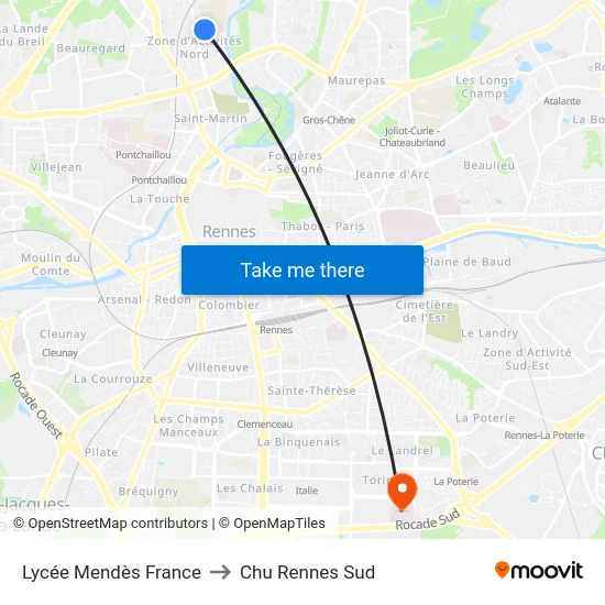 Lycée Mendès France to Chu Rennes Sud map