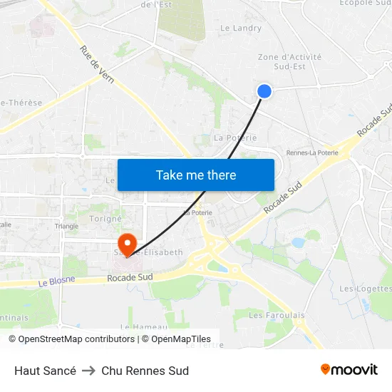 Haut Sancé to Chu Rennes Sud map