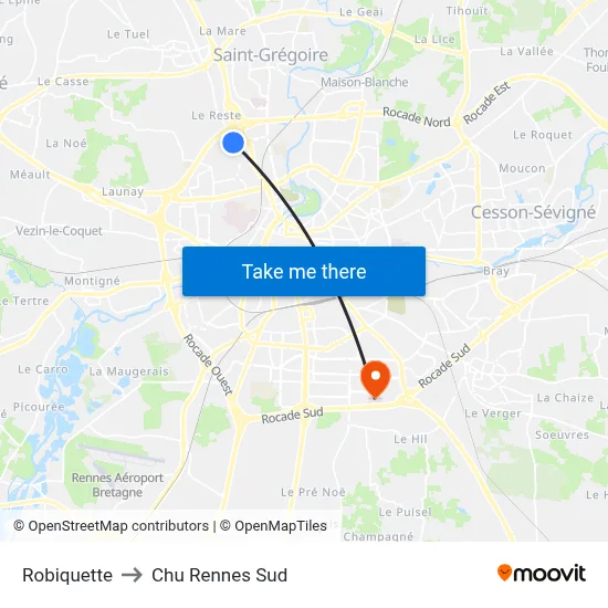 Robiquette to Chu Rennes Sud map