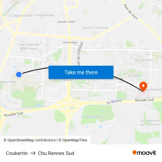 Coubertin to Chu Rennes Sud map
