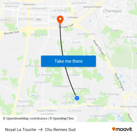 Noyal La Touche to Chu Rennes Sud map