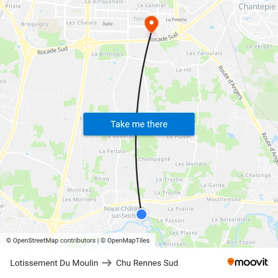 Lotissement Du Moulin to Chu Rennes Sud map