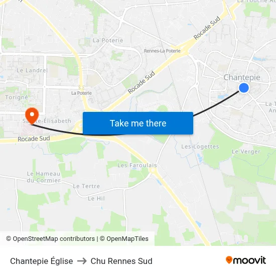 Chantepie Église to Chu Rennes Sud map