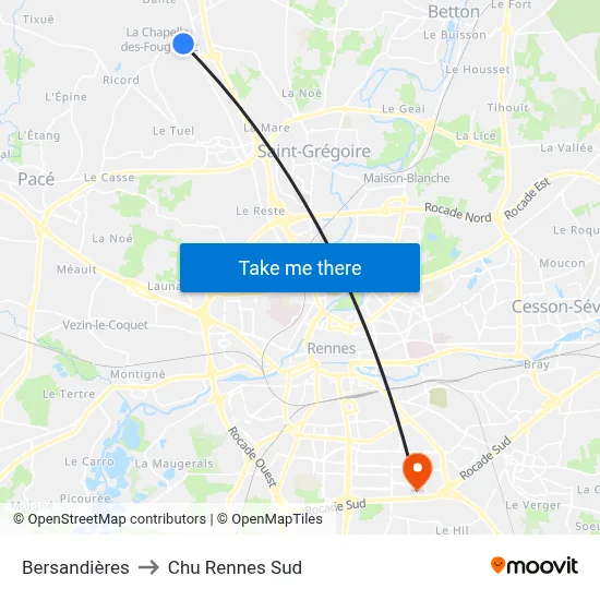 Bersandières to Chu Rennes Sud map