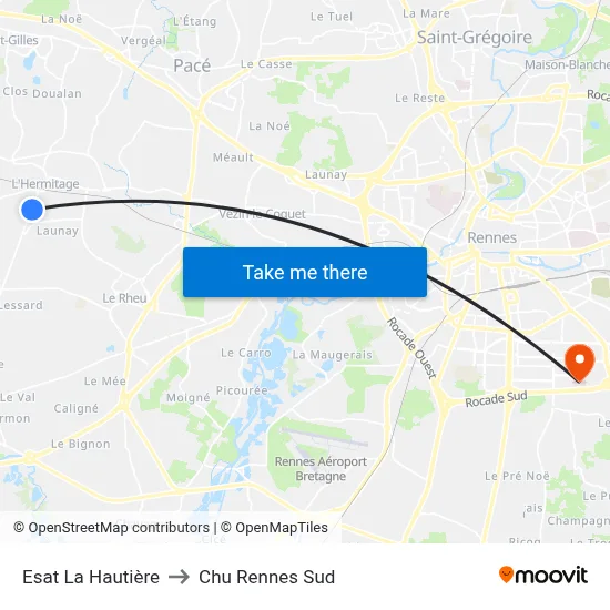 Esat La Hautière to Chu Rennes Sud map