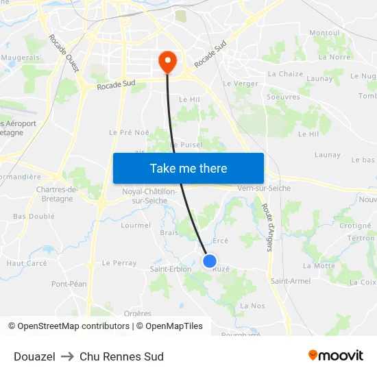 Douazel to Chu Rennes Sud map