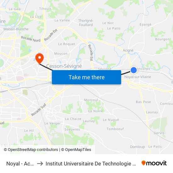 Noyal - Acigné to Institut Universitaire De Technologie De Rennes map