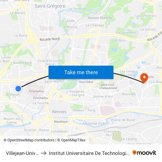 Villejean-Université to Institut Universitaire De Technologie De Rennes map