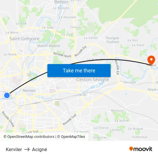 Kerviler to Acigné map