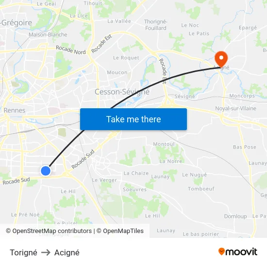Torigné to Acigné map