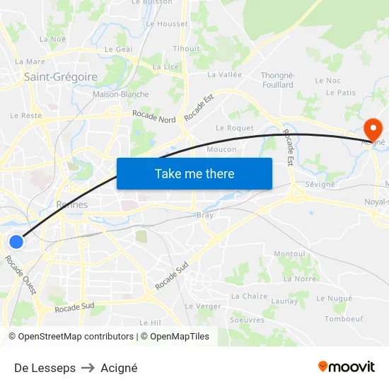 De Lesseps to Acigné map