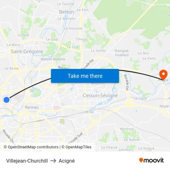 Villejean-Churchill to Acigné map