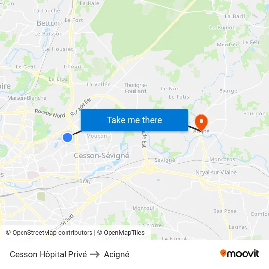 Cesson Hôpital Privé to Acigné map