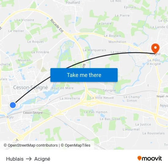 Hublais to Acigné map