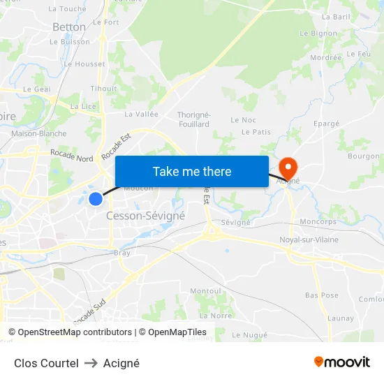 Clos Courtel to Acigné map