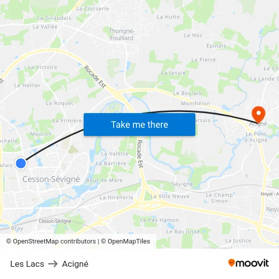 Les Lacs to Acigné map