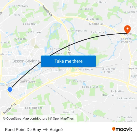 Rond Point De Bray to Acigné map